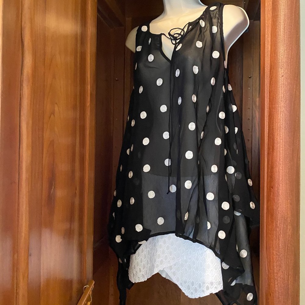 Black Sheer Top with White Embroidered Polka Dots from Esley-NWT